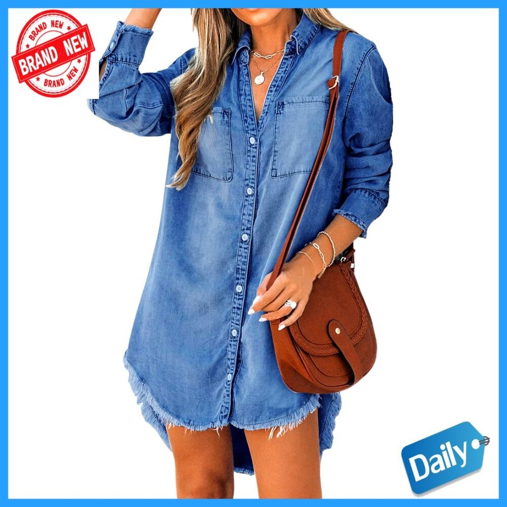 Denim Shirt Dress Long Sleeve Button Down Tunic Casual Oversized Chic